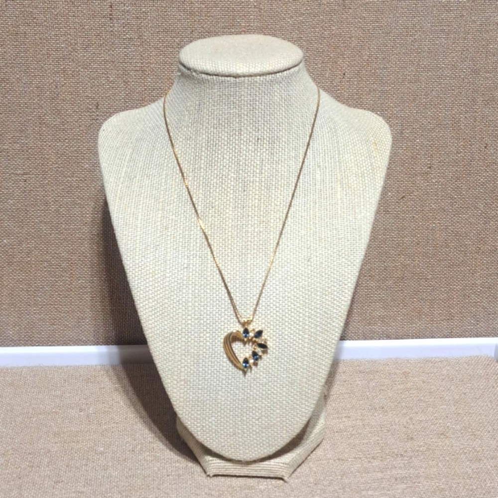 Caco 12K GF Gold Filled Short Chain Necklace Galbani Heart Pendant Blue Crystal